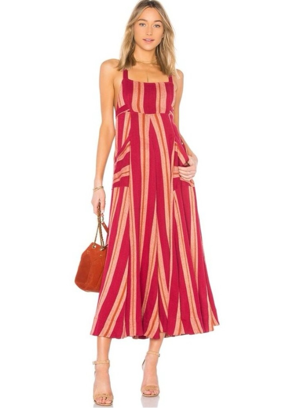 Free People Chante Maxi Dress Red Combo Stripe Open Back Pockets XS NWT Cotton